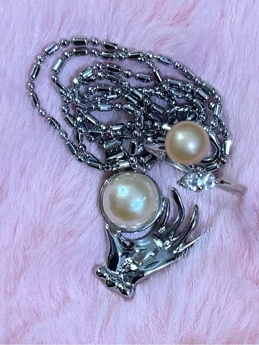 Elegant Sterling Silver Genuine Pink South Sea Pearl Necklace & Adjustable Ring